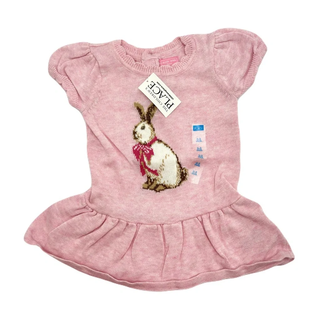 THE CHILDREN’S PLACE Knit Pink Bunny Easter Sweater Dress NWT 0-3 Months